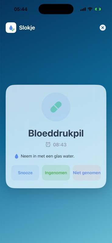 Slokje medication reminder overlay with Snooze, Taken and Not taken actions