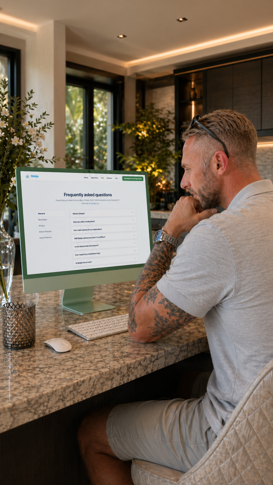 Person viewing Slokje FAQ on a desktop screen
